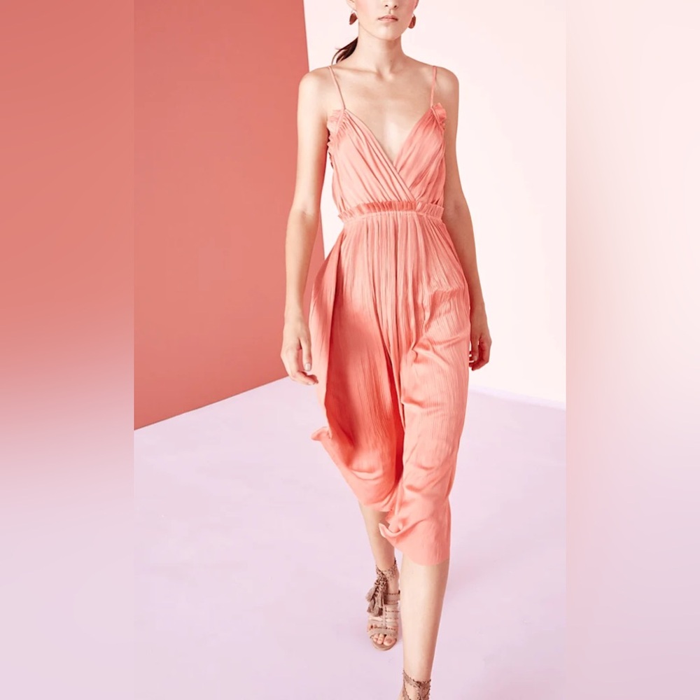 ULLA JOHNSON Galina Midi Dress Coral Pleat Japanese Satin Surplice Size 6 Adjust